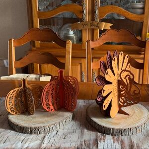 Enesco Flourish Wooden Turkey and Pumpkins Centerpieces - Brown, Orange Tan